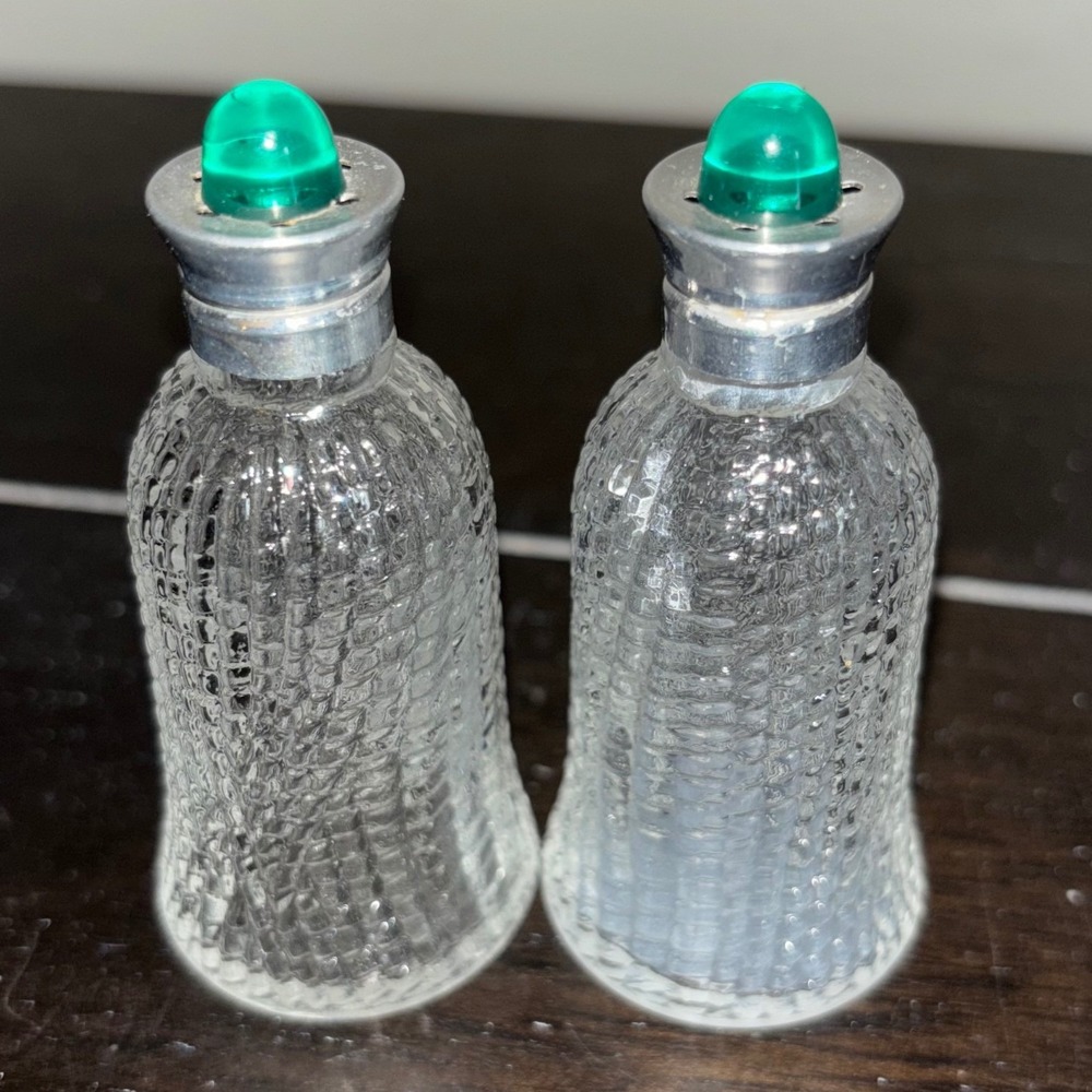 Vintage Glass Salt Pepper Shakers | Green‎ Gem-Like Tops | Silver Trim Textured